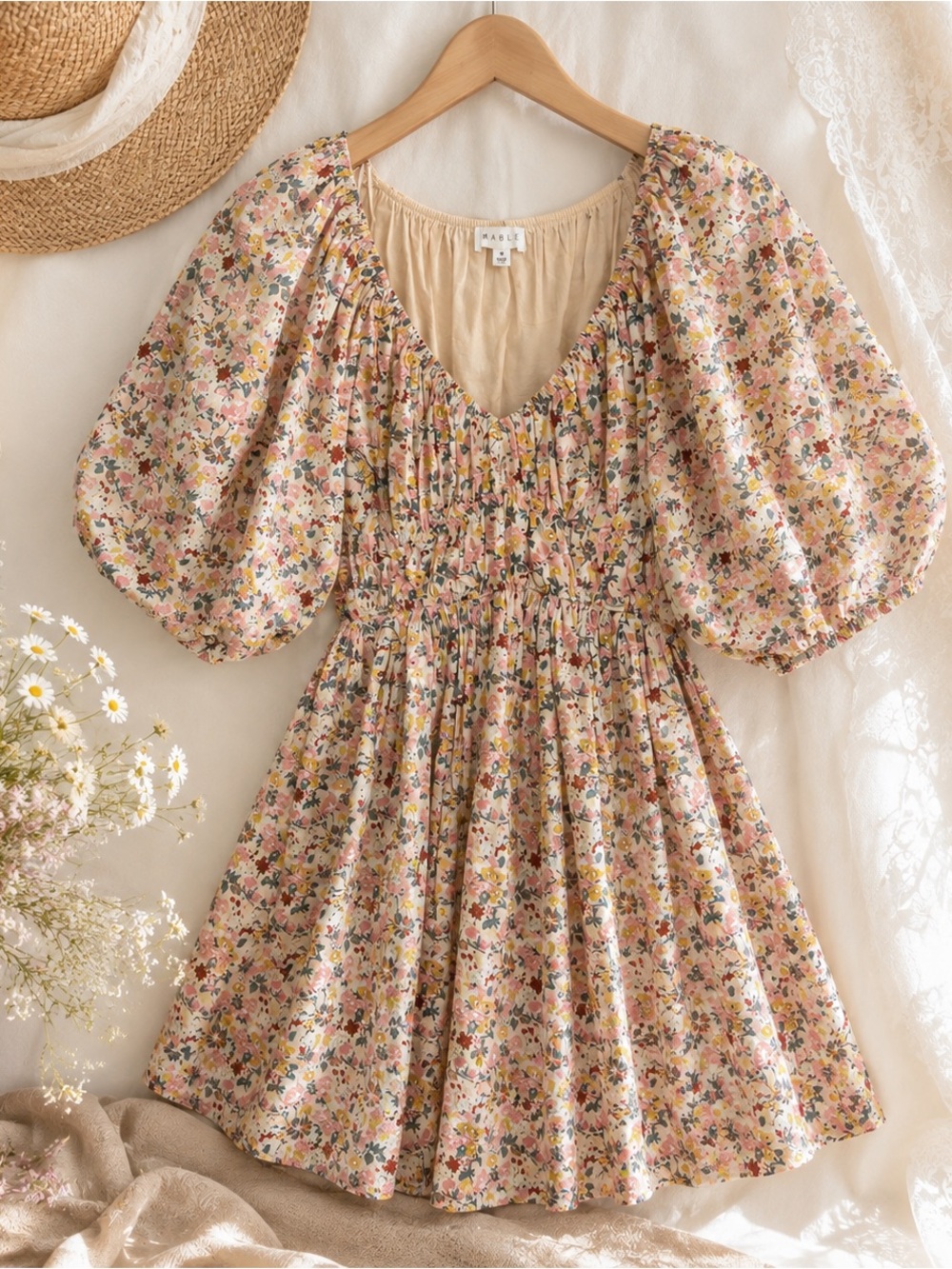 Mable Smocked Waist Mini Dress with Puff Sleeves Medium EUC